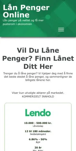 Vista previa del sitio Lån Penger Online, medio de Noruega para artículos patrocinados
