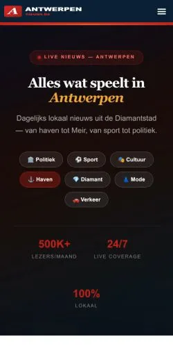 Anteprima del sito Antwerpennieuws, media di Belgio per articoli sponsorizzati