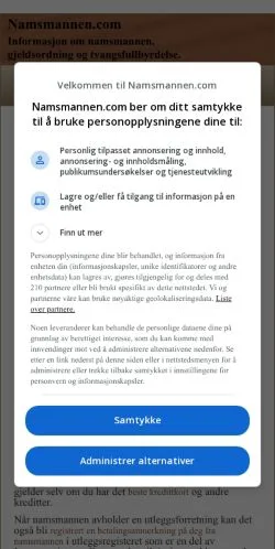 Förhandsvisning av webbplatsen Velkommen til Namsmannen.com, medium i Norge för sponsrade artiklar