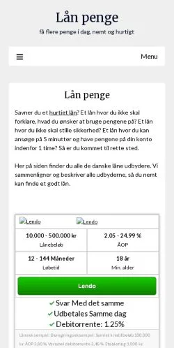 Sponsorlu makaleler için Danimarka medyası Hurtigt Lån sitesinin önizlemesi