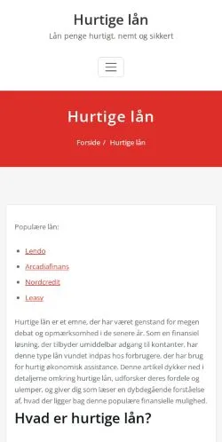 Anteprima del sito Hurtige Lån, media di Danimarca per articoli sponsorizzati