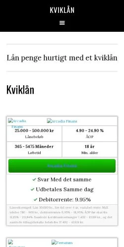Förhandsvisning av webbplatsen Kviklån, medium i Danmark för sponsrade artiklar
