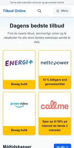 Anteprima del sito Tilbud-Online, media di Danimarca per articoli sponsorizzati