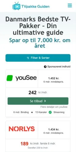Anteprima del sito TV-pakke Guiden, media di Danimarca per articoli sponsorizzati