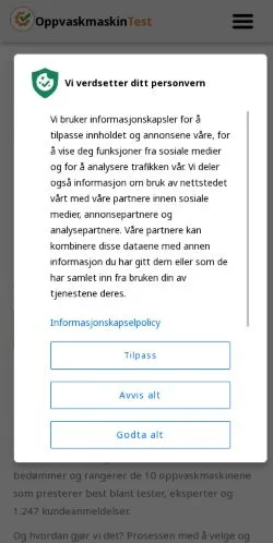 Anteprima del sito Test Oppvaskmaskin, media di Norvegia per articoli sponsorizzati