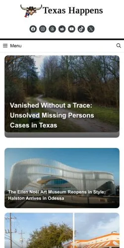 Pré-visualização do site TexasHappens, meio de Estados Unidos para artigos patrocinados