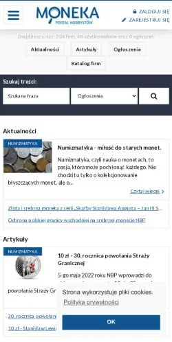 Podgląd witryny Portal numizmatyczny Moneka.pl, medium z kraju Polska do artykułów sponsorowanych