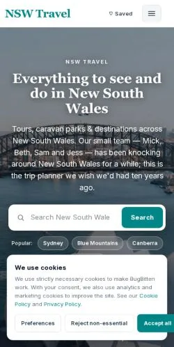 Vista previa del sitio NSW Travel, medio de Australia para artículos patrocinados