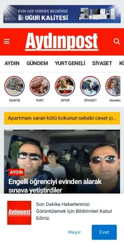 Forhåndsvisning av nettstedet Aydinpost, medium fra Tyrkia for sponsede artikler