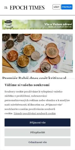 Anteprima del sito Epoch Times, media di Cechia per articoli sponsorizzati