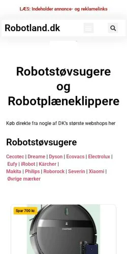 Vista previa del sitio Robotland, medio de Dinamarca para artículos patrocinados