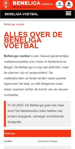 Podgląd witryny BeNeLiga Voetbal, medium z kraju Holandia do artykułów sponsorowanych