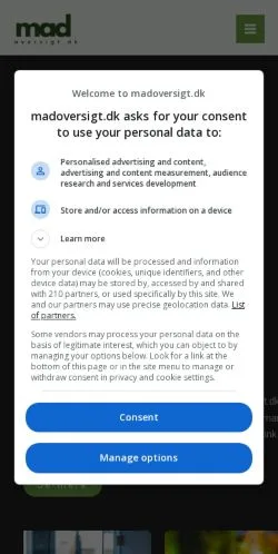 Anteprima del sito Madoversigt, media di Danimarca per articoli sponsorizzati