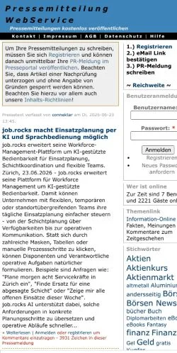 Anteprima del sito Pressemitteilung WebService, media di Germania per articoli sponsorizzati