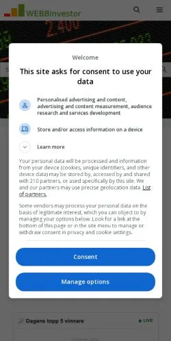 Anteprima del sito WebbInvestor, media di Svezia per articoli sponsorizzati