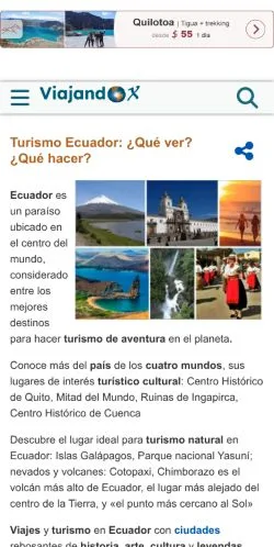 스폰서 기사용 스페인 매체 Info Turismo Ecuador 사이트 미리보기