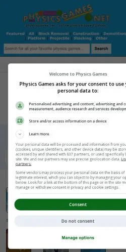 Preview of the Physics Games website, a media outlet in United States for sponsored articles