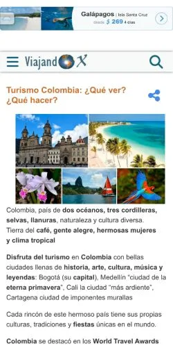 스폰서 기사용 스페인 매체 Info Turismo Colombia 사이트 미리보기