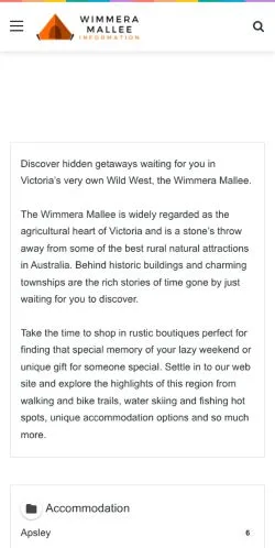 Pré-visualização do site Wimmera Mallee Tourism, meio de Austrália para artigos patrocinados