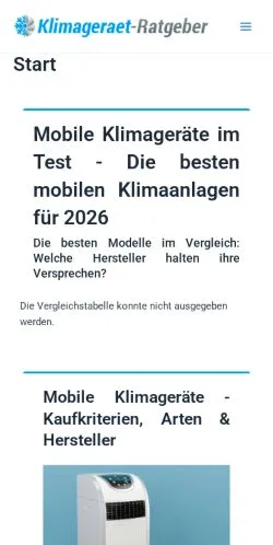 Anteprima del sito Mobile Klimageräte Ratgeber, media di Germania per articoli sponsorizzati