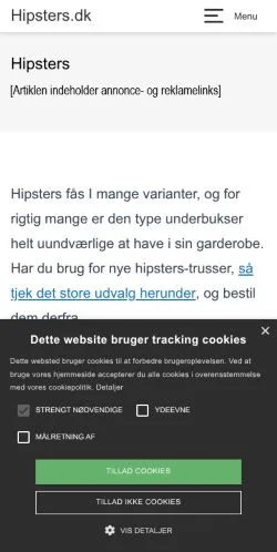 Vista previa del sitio Hipster Trusser, medio de Dinamarca para artículos patrocinados