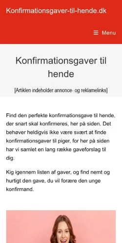 Anteprima del sito Konfirmationsgaver Til Hende, media di Danimarca per articoli sponsorizzati