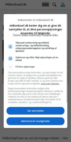 Aperçu du site Millionbøf, média de Danemark pour articles sponsorisés