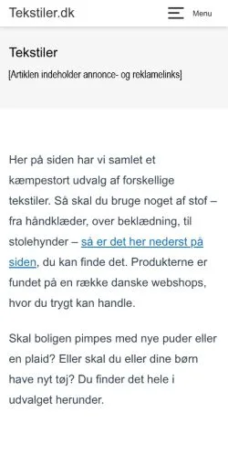 Forhåndsvisning av nettstedet Tekstiler, medium fra Danmark for sponsede artikler