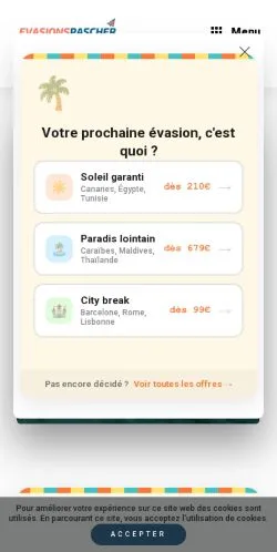 Preview of the EvasionsPasCher website, a media outlet in France for sponsored articles