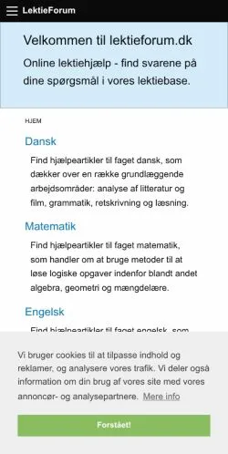 Förhandsvisning av webbplatsen LektieForum, listad för publicering av sponsrade artiklar