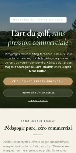 Voorbeeld van de website Accro Golf Magazine, vermeld voor de publicatie van gesponsorde artikelen