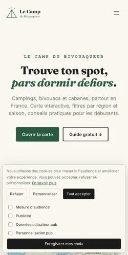 Anteprima del sito Le Camp Du Bivouaqueur, referenziato per la pubblicazione di articoli sponsorizzati