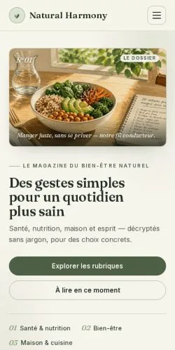 Vista previa del sitio Natural Harmony, referenciado para publicar artículos patrocinados