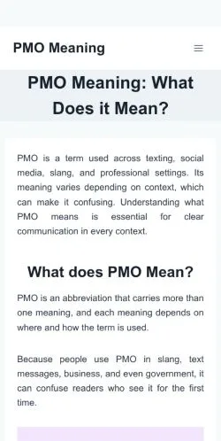Vista previa del sitio PMO Meaning, referenciado para publicar artículos patrocinados