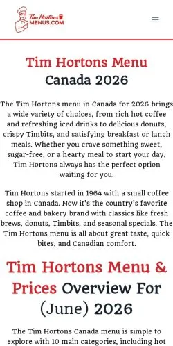 Forhåndsvisning av nettstedet Tim Hortons Menus, oppført for publisering av sponsede artikler