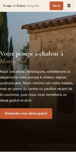 Vista previa del sitio Pompe Chaleur Montpellier, referenciado para publicar artículos patrocinados