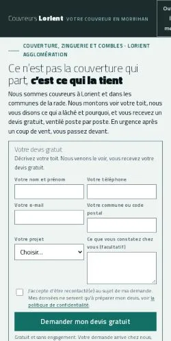 스폰서 기사 게재 매체로 등록된 Couvreurs Lorient 사이트 미리보기