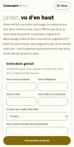 Aperçu du site Couvreur Nice, référencé pour publier un article sponsorisé