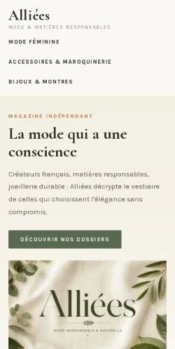 Pré-visualização do site Alliées, referenciado para publicar artigos patrocinados