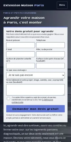 Aperçu du site Extension Maison Paris, référencé pour publier un article sponsorisé