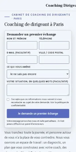 Podgląd witryny Coaching Dirigeant Paris, ujętej jako miejsce publikacji artykułów sponsorowanych