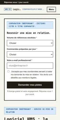 Vista previa del sitio Logiciel WMS Comparateur, referenciado para publicar artículos patrocinados
