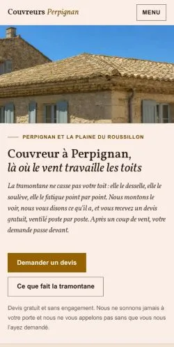 Aperçu du site Couvreurs Perpignan, référencé pour publier un article sponsorisé