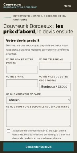 스폰서 기사 게재 매체로 등록된 Couvreurs Bordeaux 사이트 미리보기