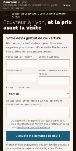 Vista previa del sitio Couvreur Lyon Devis, referenciado para publicar artículos patrocinados