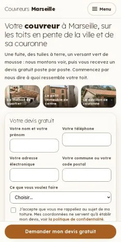 스폰서 기사 게재 매체로 등록된 Couvreurs Marseille 사이트 미리보기