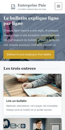 스폰서 기사 게재 매체로 등록된 Entreprise Paie 사이트 미리보기