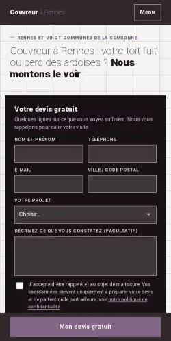Vista previa del sitio Couvreur À Rennes, referenciado para publicar artículos patrocinados