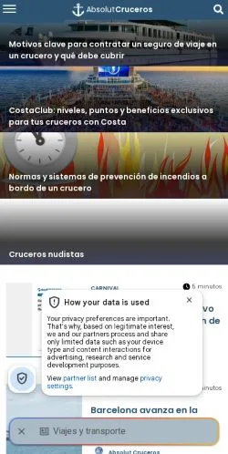 스폰서 기사 게재 매체로 등록된 Absolut Cruceros 사이트 미리보기