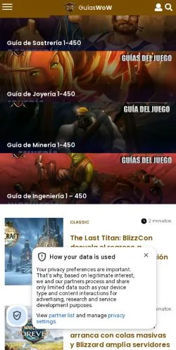 Vista previa del sitio GuiasWoW, referenciado para publicar artículos patrocinados